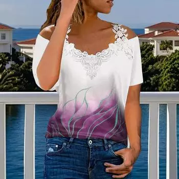 Женская футболка с V-образным вырезом, кружевом, открытыми плечами, коротким рукавом, повседневные свободные топы с цветочным принтом, официальная летняя футболка S фиолетовый