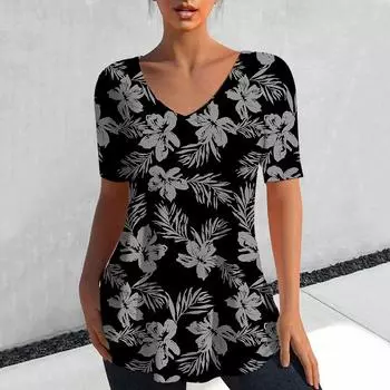 Женская футболка с v-образным вырезом, летний топ с короткими рукавами, одежда в стиле Харадзюку с цветочным рисунком, милая футболка, повседневный свитер, пуловер, футболки 4XL