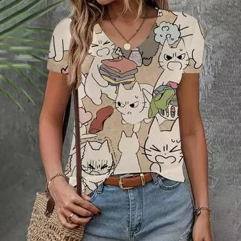 Женская футболка с V-образным вырезом, летняя новинка, короткий рукав, модный узор, одежда, свободный элегантный топ, женская одежда, футболка XS