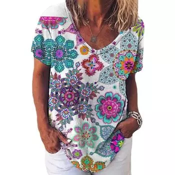Женская футболка с v-образным вырезом, летняя верхняя одежда с короткими рукавами, модная повседневная женская одежда с цветочным принтом, свободная футболка с забавным графиком для женщин S