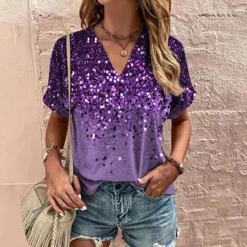 Женская футболка с v-образным вырезом, летняя модная футболка с короткими рукавами, блестящая повседневная футболка для женщин, свободный топ, пуловер большого размера, одежда S