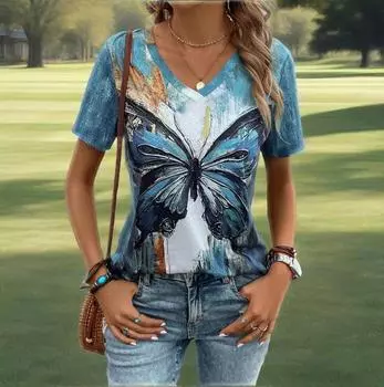 Женская футболка с V-образным вырезом, летняя уличная мода, короткий рукав, трендовые топы с принтом бабочек, женская одежда больших размеров S