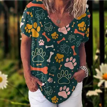 Женская футболка с v-образным вырезом, летняя дышащая повседневная уличная футболка с короткими рукавами, женская одежда с принтом собачьей лапы, свободная футболка S