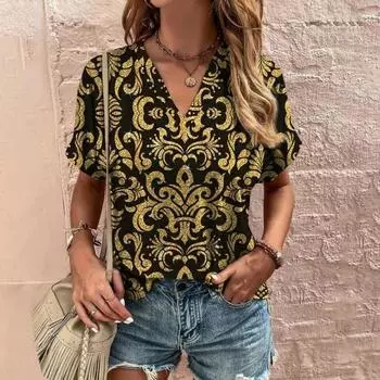 Женская футболка с v-образным вырезом, летняя модная женская одежда, топы с 3d винтажным принтом, повседневная одежда для девочек, женский пуловер большого размера 4XL