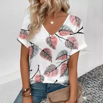 Женская футболка с V-образным вырезом, модная футболка с цветочным принтом, повседневная, удобная, элегантная, с короткими рукавами, большого размера S