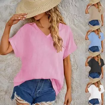 Женская футболка с V-образным вырезом, модная однотонная, свободная, повседневная, весна-лето, с принтом, из хлопка и льна, с короткими рукавами S белый
