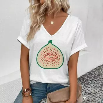 Женская футболка с V-образным вырезом, модная футболка с забавным принтом в виде фруктов, женская футболка для отдыха с коротким рукавом, летняя футболка 2024 года S