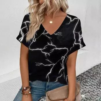 Женская футболка с V-образным вырезом, модная ретро-футболка с полосатым узором, футболка для отдыха с коротким рукавом, популярная футболка лета 2024 года S