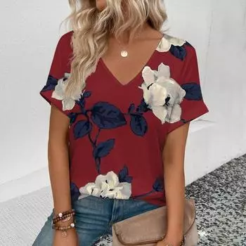 Женская футболка с V-образным вырезом, модная футболка с цветочным принтом в стиле ретро, женская футболка с коротким рукавом для отдыха, летняя футболка 2024 года S