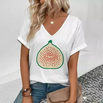 Женская футболка с V-образным вырезом, модная футболка с забавным принтом в виде фруктов, женская футболка для отдыха с коротким рукавом, летняя футболка 2024 года S