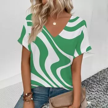 Женская футболка с v-образным вырезом, модная футболка с геометрическим узором и принтом, женская футболка с короткими рукавами для отдыха, летняя футболка 2024 г. S