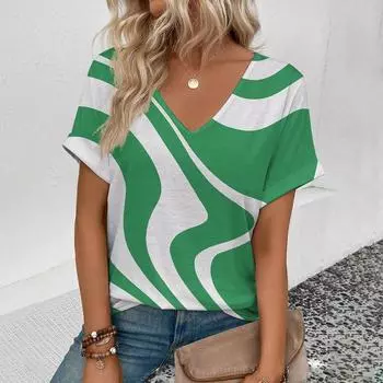 Женская футболка с v-образным вырезом, модная футболка с геометрическим узором и принтом, женская футболка с короткими рукавами для отдыха, летняя футболка 2024 г. S