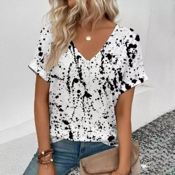 Женская футболка с V-образным вырезом, модная ретро-футболка с полосатым узором, футболка для отдыха с коротким рукавом, популярная футболка лета 2024 года S