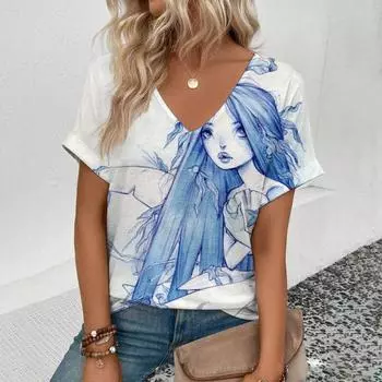 Женская футболка с V-образным вырезом, модная футболка с принтом художественных фигур, повседневная, удобная, элегантная, с короткими рукавами, большого размера XXL