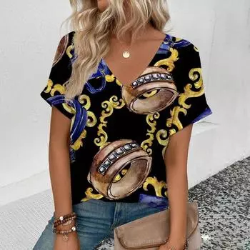 Женская футболка с v-образным вырезом, модная футболка в стиле ретро с золотым ожерельем и рисунком, футболка с короткими рукавами для отдыха, летняя популярная футболка 2024 г. S