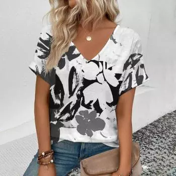 Женская футболка с V-образным вырезом, модная футболка с цветочным принтом, повседневная, удобная, элегантная, с короткими рукавами, большого размера S