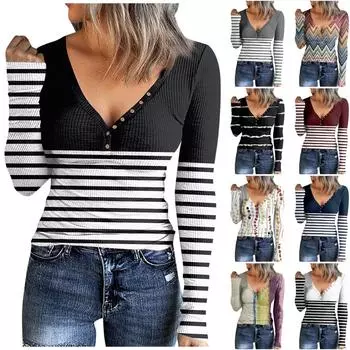 Женская футболка с v-образным вырезом, модный повседневный топ на пуговицах с принтом и длинным рукавом M розовый