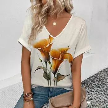 Женская футболка с v-образным вырезом на белом фоне, футболка с цветочным узором и принтом, футболка с короткими рукавами для отдыха, летняя популярная футболка 2024 г. S