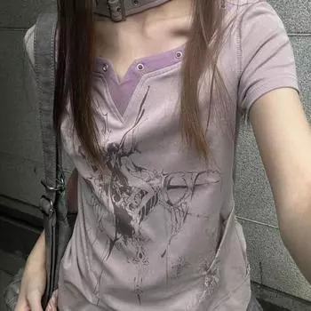 Женская футболка с v-образным вырезом на пуговицах и короткими рукавами, японская винтажная универсальная женская футболка, летняя приталенная футболка для похудения S фиолетовый