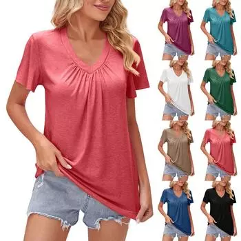 Женская футболка с V-образным вырезом, однотонная, с коротким рукавом, в стиле ретро, с оборками на рукавах, повседневные топы, футболки больших размеров XL синий