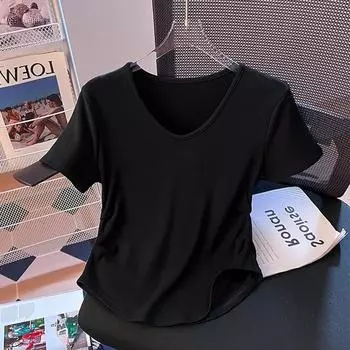 Женская футболка с V-образным вырезом, плиссированной талией и эффектом похудения, желтая, из модала - Летний топ с коротким рукавом S чёрный