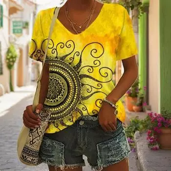 Женская футболка с V-образным вырезом, повседневные модные топы с коротким рукавом, цветочные принты, большие размеры, свободная женская одежда, футболка для активного отдыха S