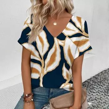 Женская футболка с v-образным вырезом, ретро-футболка с цветочным узором и принтом, модная женская футболка с короткими рукавами, лето 2024, футболка для отдыха S