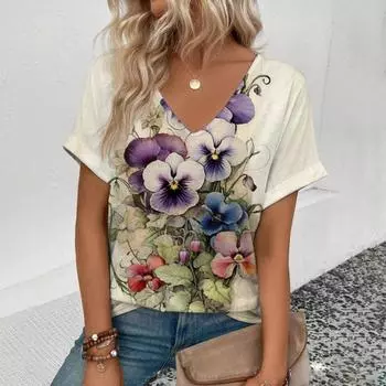 Женская футболка с V-образным вырезом, ретро-принт с цветочным узором, летняя футболка для отдыха, женская мода, популярная футболка с короткими рукавами S