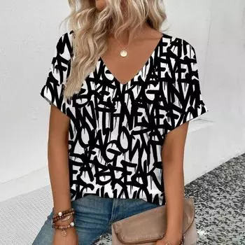 Женская футболка с V-образным вырезом, ретро-принт в полоску, модная женская футболка с коротким рукавом, летняя футболка для отдыха 2024 года S