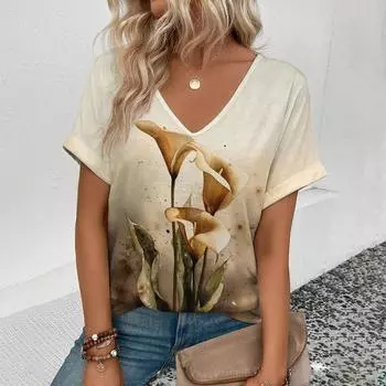 Женская футболка с V-образным вырезом, ретро-элегантный цветочный узор, модная футболка с 3D-принтом, летняя футболка для отдыха, популярная женская футболка с короткими рукавами S