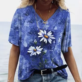 Женская футболка с V-образным вырезом, с коротким рукавом, летняя, для улицы, повседневная, топы, модные узоры с цветочным принтом S