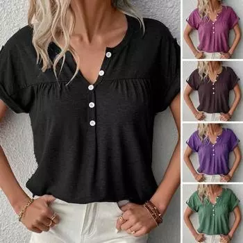 Женская футболка с V-образным вырезом, сплошной цвет, пуловер с короткими рукавами, повседневная футболка 2XL синий