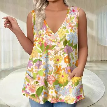 Женская футболка с V-образным вырезом, свободная жилетка с карманами, футболка с принтом снизу XXL жёлтый