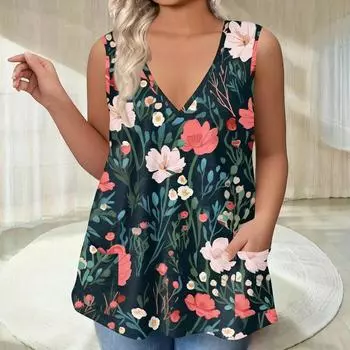 Женская футболка с V-образным вырезом, свободная жилетка с карманами, футболка с принтом снизу XXXL