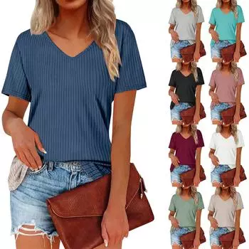 Женская футболка с v-образным вырезом в полоску и короткими рукавами Женский топ L бежевый