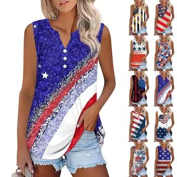 Женская футболка с v-образным вырезом, жилет, тонкая футболка с принтом «День независимости», плиссированная рубашка с пуговицами снизу, рубашка без рукавов L синий