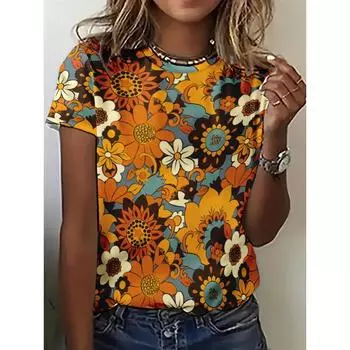 Женская футболка с винтажным цветочным принтом и 3D-узором, новинка лета 2024 года, повседневные футболки в уличном стиле, женская футболка с коротким рукавом в стиле Харадзюку 2XS