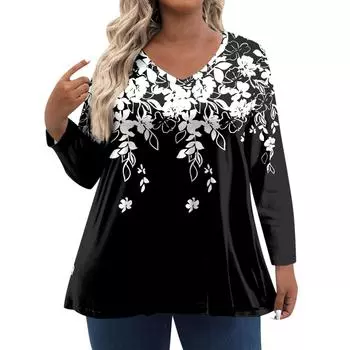 Женская футболка с винтажным цветочным принтом и V-образным вырезом, свободная, с длинным рукавом, большой размер M красный