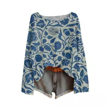 Женская футболка с винтажным цветочным принтом, круглым вырезом, свободная, с длинным рукавом, средней длины, с большим пальцем, с утечкой L