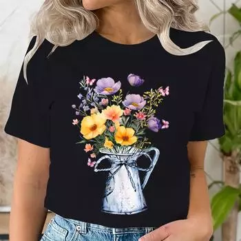 Женская футболка с винтажным принтом диких цветов и круглым вырезом, повседневные топы, летние футболки с цветочным принтом в ботаническом стиле, для любителей природы, цветочное искусство, полевые цветы S чёрный