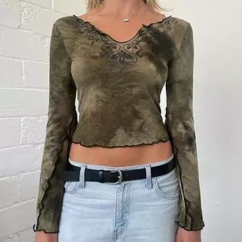 Женская футболка с винтажным принтом и яркими цветами, простая, с V-образным вырезом и расклешенными рукавами S армия зеленый