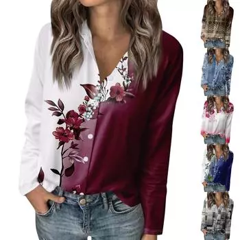 Женская футболка с винтажным принтом, женская рубашка на пуговицах с длинным рукавом, блузка, повседневные топы S