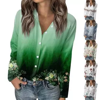 Женская футболка с винтажным принтом, женская рубашка на пуговицах с длинным рукавом, блузка, повседневные топы XXXL хаки