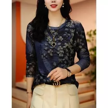 Женская футболка с внутренней отделкой в иностранном стиле, облегающая, с длинными рукавами и круглым вырезом. M