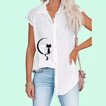 Женская футболка с воротником с лацканами и принтом кота, модные блузки с короткими рукавами, весенне-летняя повседневная тонкая рубашка-кардиган больших размеров S белый