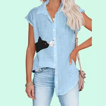 Женская футболка с воротником с лацканами и принтом кота, модные блузки с короткими рукавами, весенне-летняя повседневная тонкая рубашка-кардиган больших размеров S белый