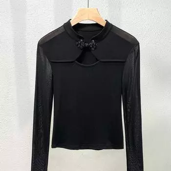 Женская футболка с воротником-стойкой и пуговицами, новая черная рубашка из модала с длинными рукавами в национальном стиле для женщин S чёрный