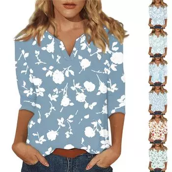 Женская футболка с воротником-стойкой и рукавами 3/4 с принтом L синий