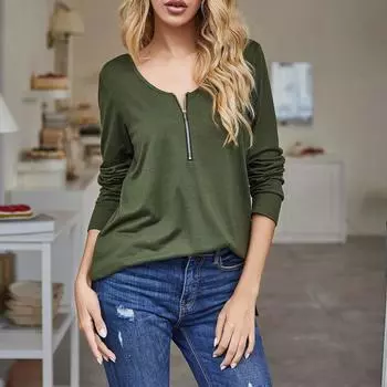 Женская футболка с вырезом и молнией на груди, модная, с длинными рукавами L армия зеленый
