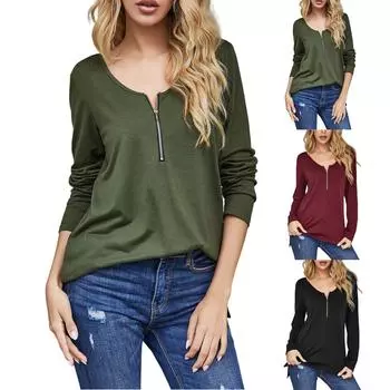 Женская футболка с вырезом и молнией на груди, модная, с длинными рукавами L армия зеленый